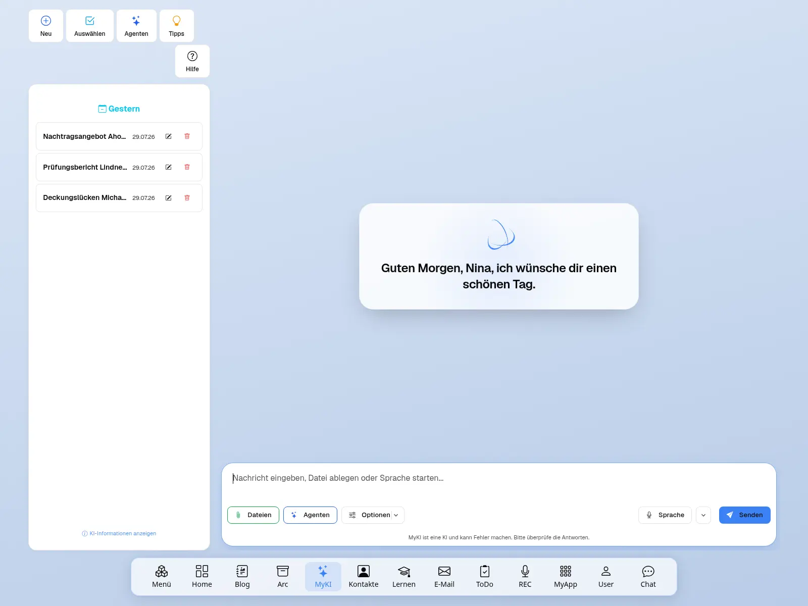MyKI, der KI-Assistent in TeamHUB: Chat mit Zugriff auf Dateien, Agenten und Sprache