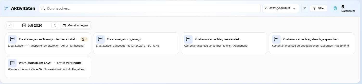 Anruf, Notiz, E-Mail, Gespräch — die Historie am Kontakt entsteht nebenbei, ohne dass jemand sie pflegt.