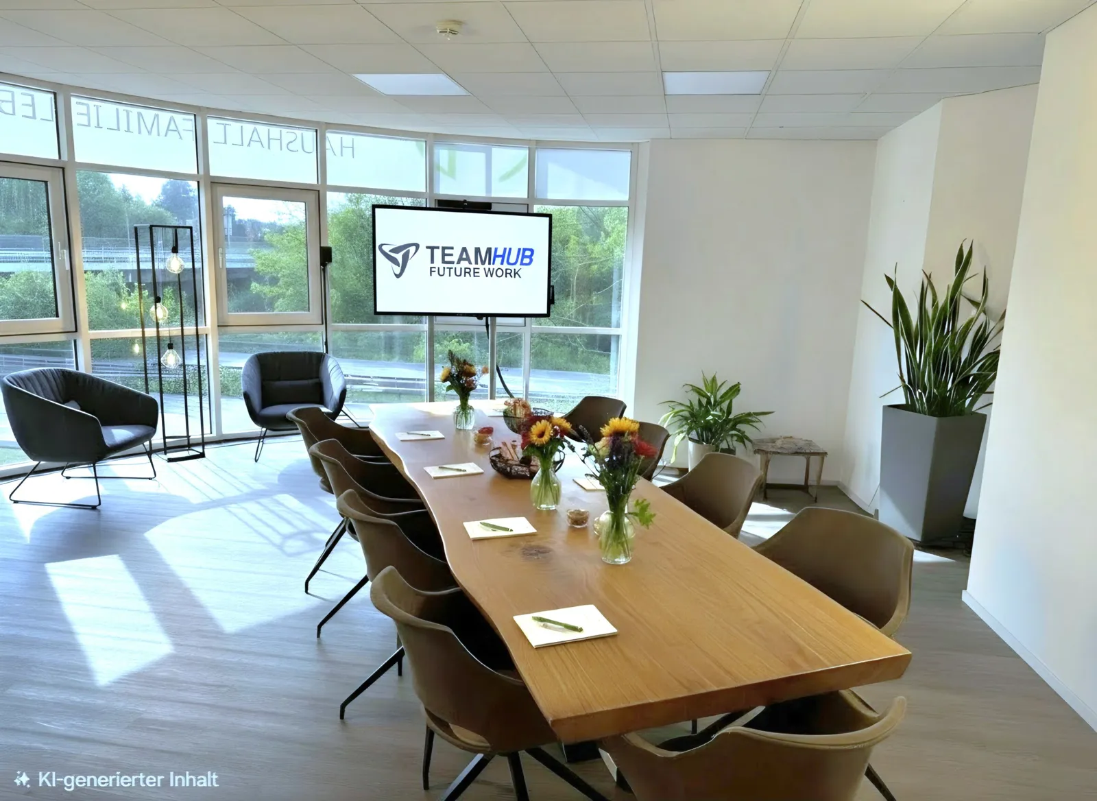Der TeamHUB-Besprechungsraum: langer Holztisch mit Stühlen, großer Bildschirm und bodentiefe Fensterfront
